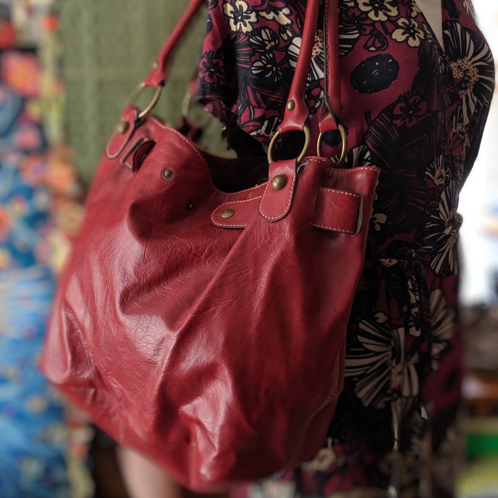 Red faux leather hobo bag